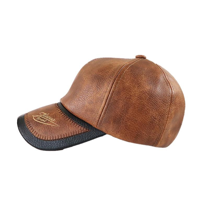 Mens Retro Letter Print Stitching PU Washed Distressed Motorcycle Baseball Cap 73002661X
