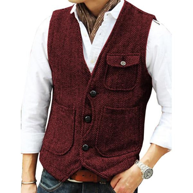 Mens V-neck Single-breasted Tweed Vest 39854419M