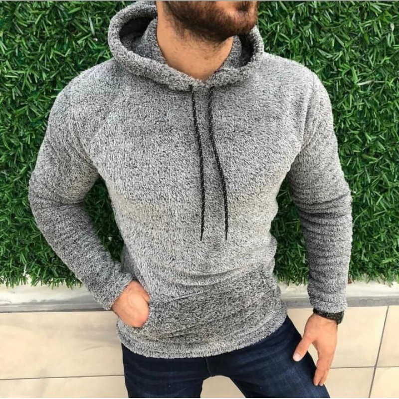 Mens Plush Solid Color Pocket Hoodie 55330030Z