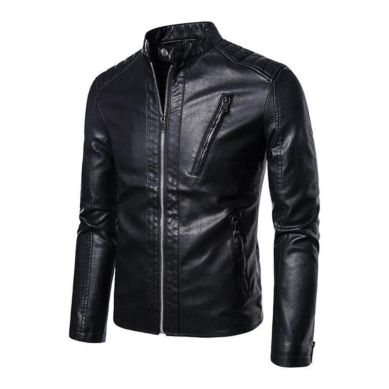 Mens Vintage Stand Collar Zipper Slim Fit Leather Biker Jacket 20472588M