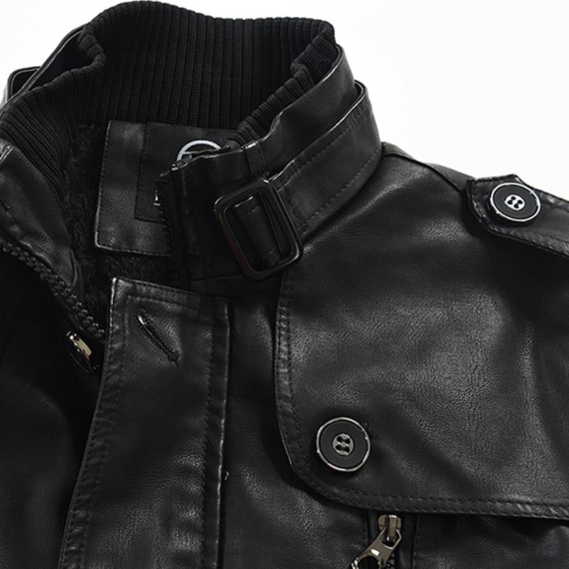 Mens Stand Collar Fleece Leather Jacket 64581367X
