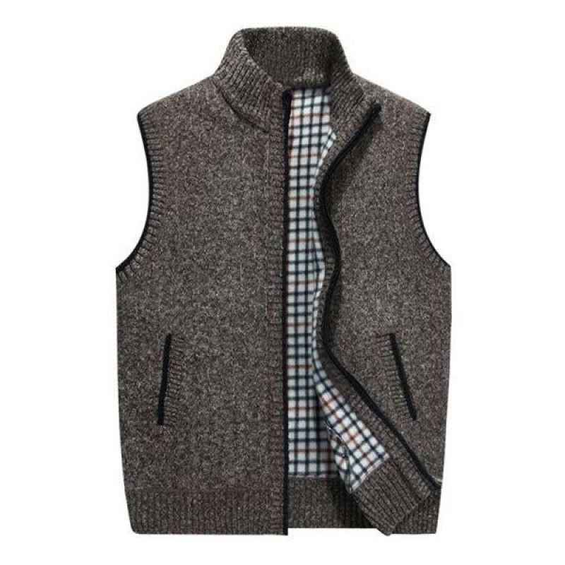 Mens Casual Stand Collar Fleece Knitted Vest 30062238M