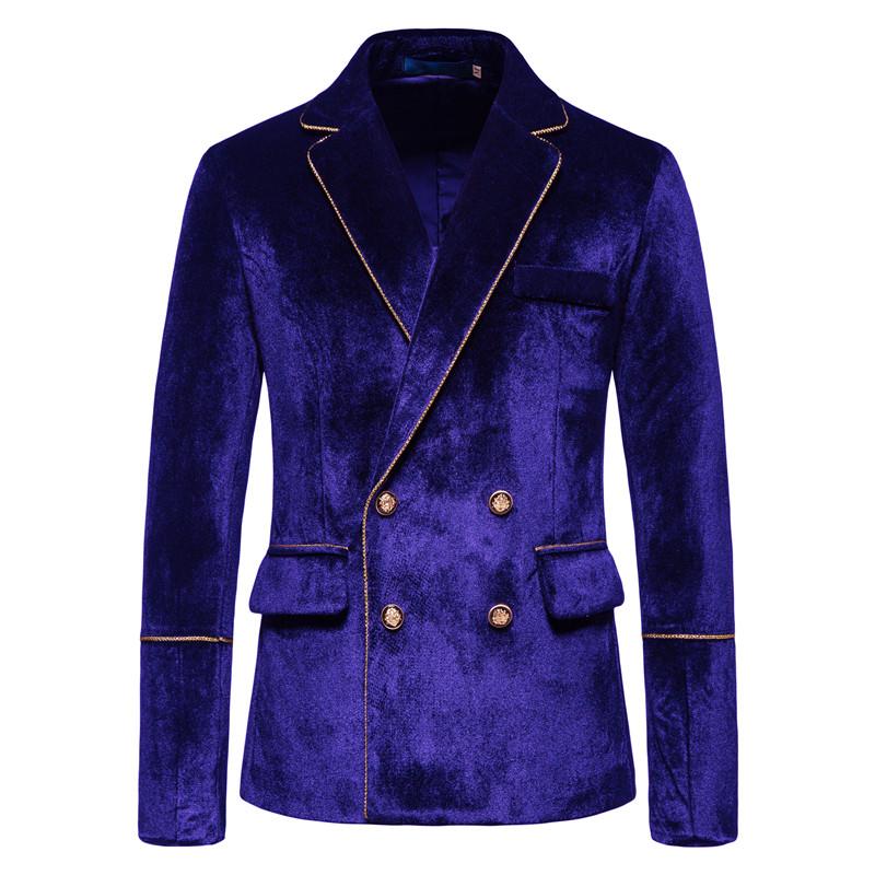Mens Vintage Contrast Trim Velvet Double Breasted Wedding Blazer Pants Suit 01449780M
