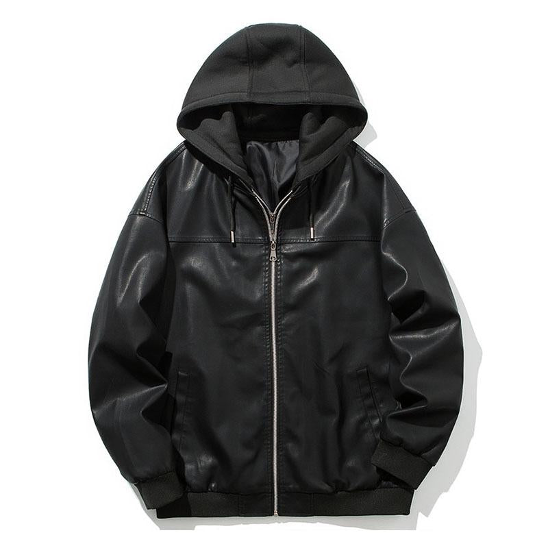 Mens Hooded Loose Motorcycle Leather Jacket 86208900M