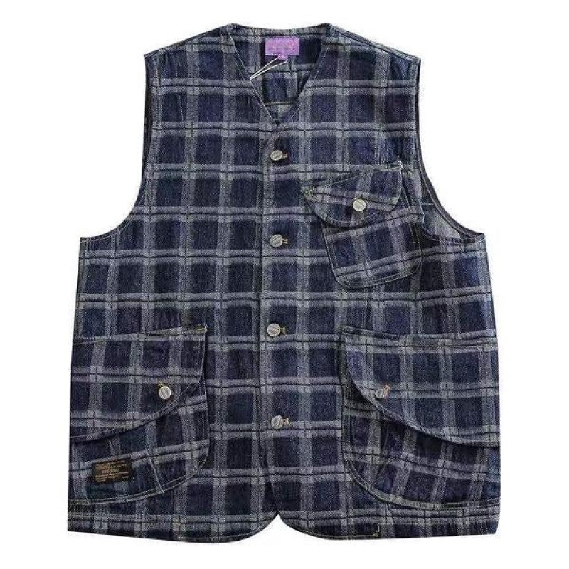 Mens Vintage Multi-pocket Cotton Washed Plaid Denim Vest 22819911M