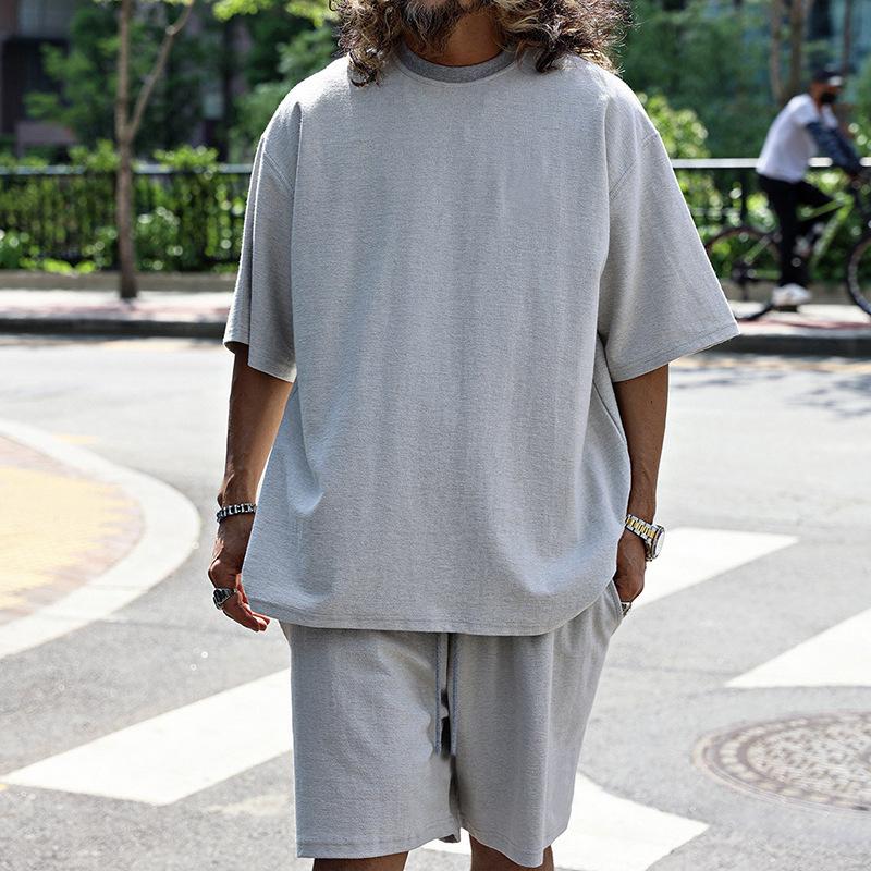 Mens Loose Solid Cotton Short Sleeve T-shirt Shorts Set 79265908Z