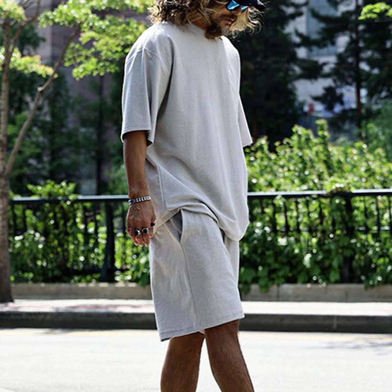 Mens Loose Solid Cotton Short Sleeve T-shirt Shorts Set 79265908Z
