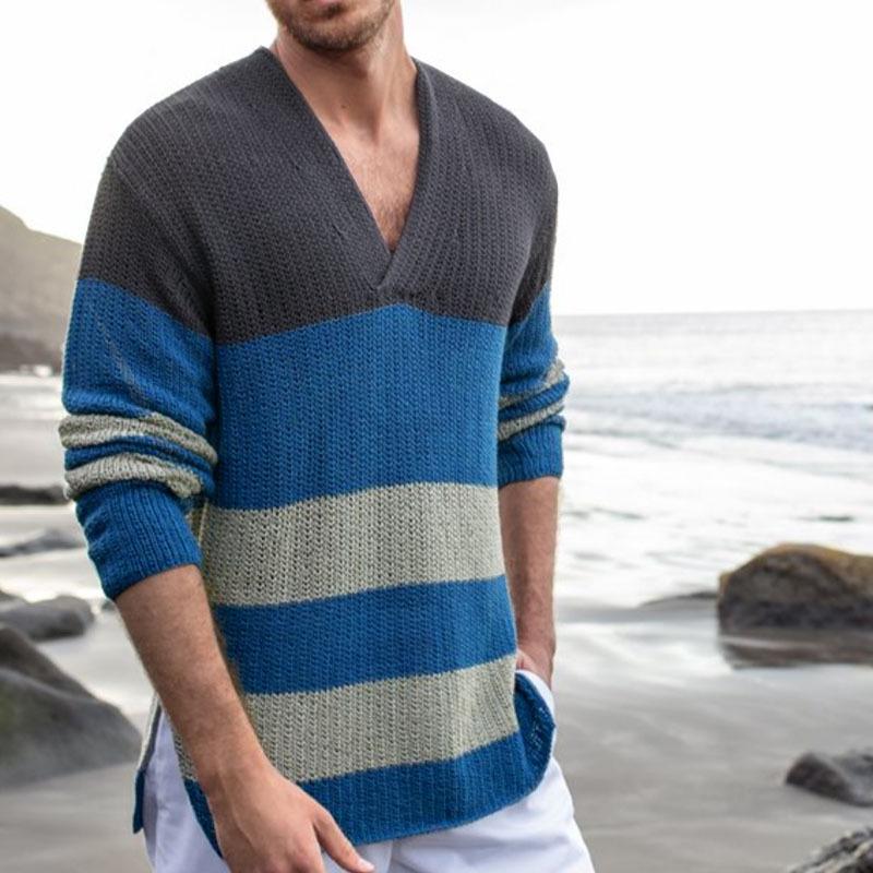 Mens V-Neck Contrast Striped Long Sleeve Thick Knit Sweater 48902804M