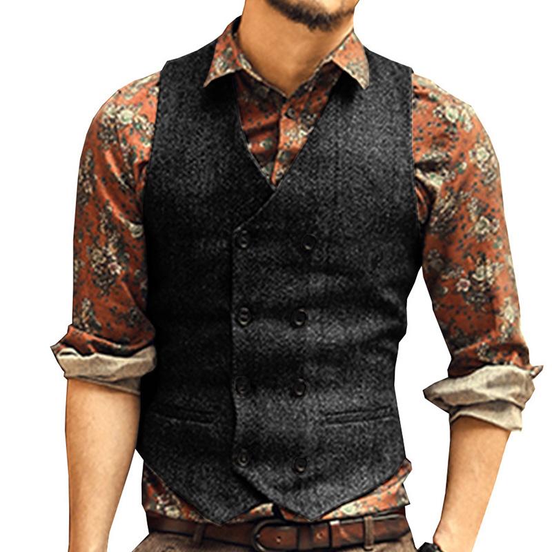Mens Vintage Herringbone V-Neck Double Breasted Vest 84812263M