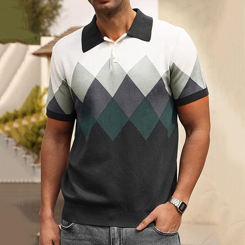 Mens Casual Diamond Jacquard Short-Sleeved Knitted Polo Shirt 68772615M
