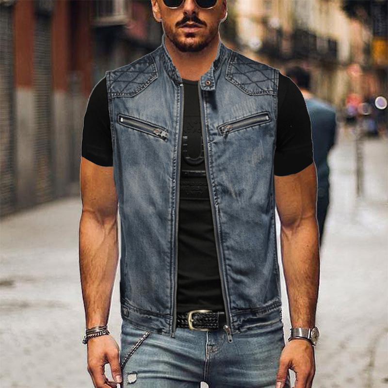 Mens Vintage Stitching Stand Collar Motorcycle Denim Vest 17095434Y
