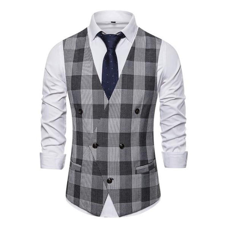Mens Casual V-Neck Plaid Suit Vest 97343336M