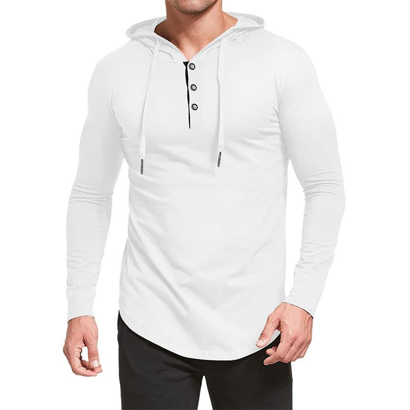 Mens Casual Round Neck Button Loose Long Sleeve Hooded T-Shirt 14365821M