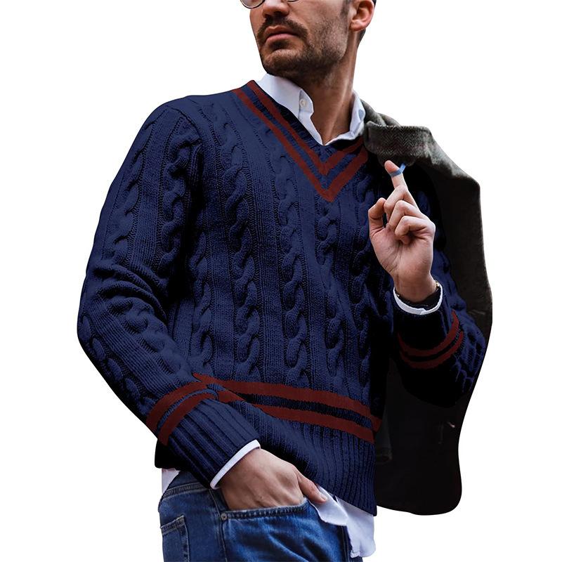 Mens V-Neck Striped Colorblock Knit Sweater 46504810M