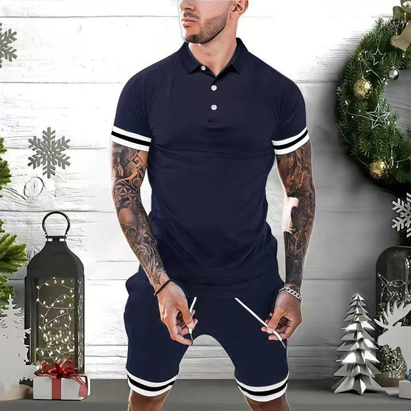 Mens Colorblock Striped Cuff Short Sleeve Polo Shirt Shorts Set 02905193Z