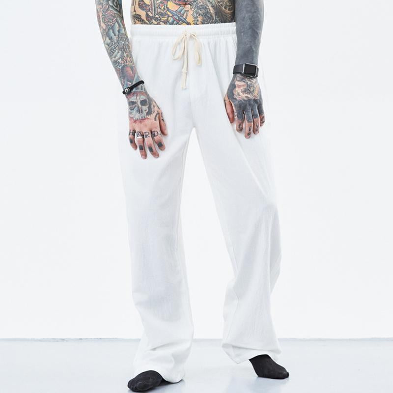 Mens Loose Cotton Linen Solid Color Drawstring Trousers 02079114Y