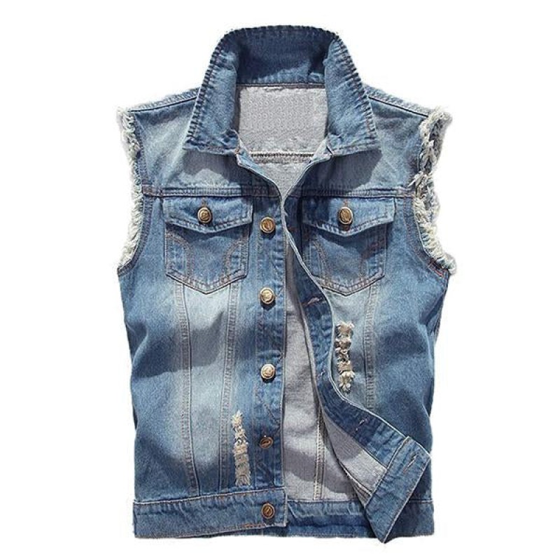 Mens Casual Distressed Frayed Denim Vest 14987136M