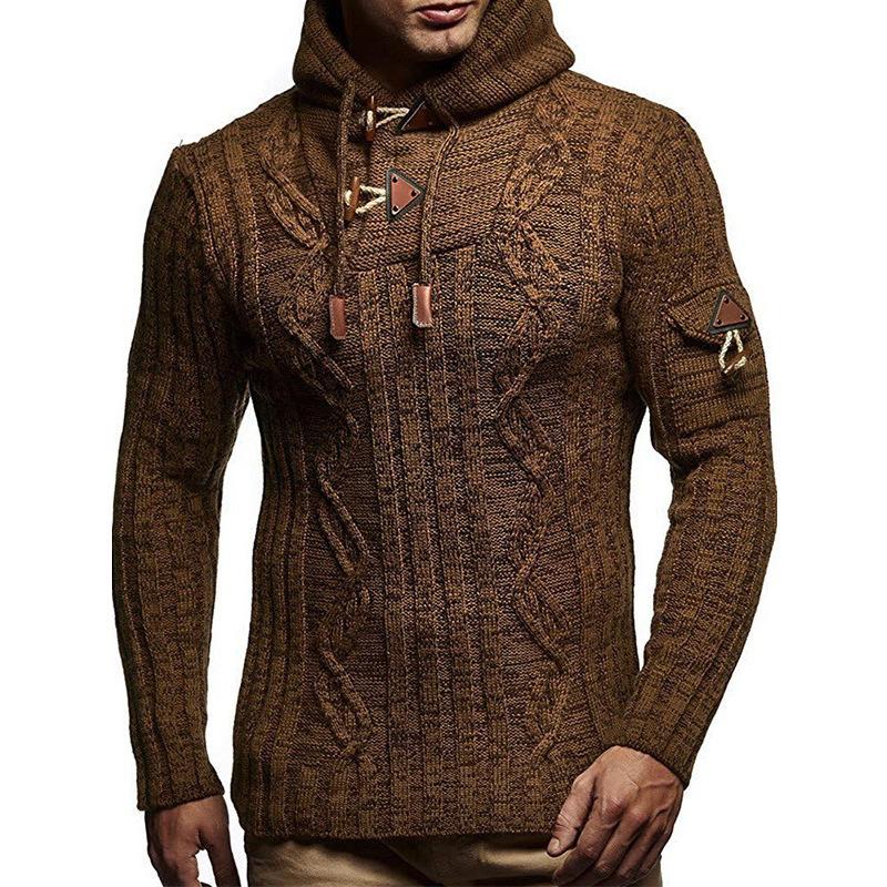 Mens Slim Long Sleeve Hooded Horn Button Knit Pullover 50911856M