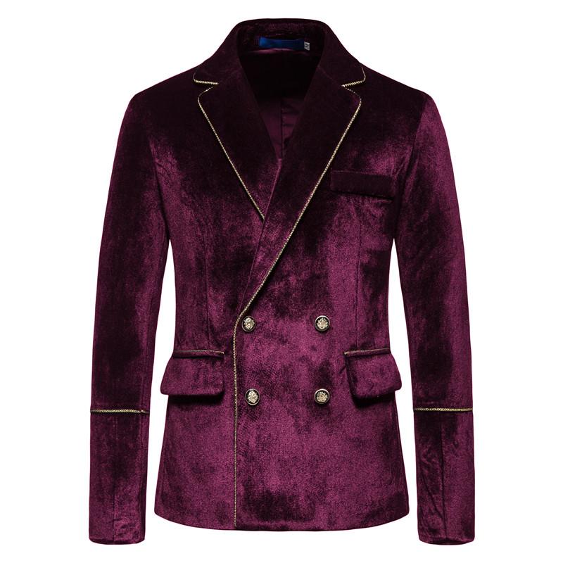 Mens Vintage Contrast Trim Velvet Double Breasted Wedding Blazer Pants Suit 01449780M