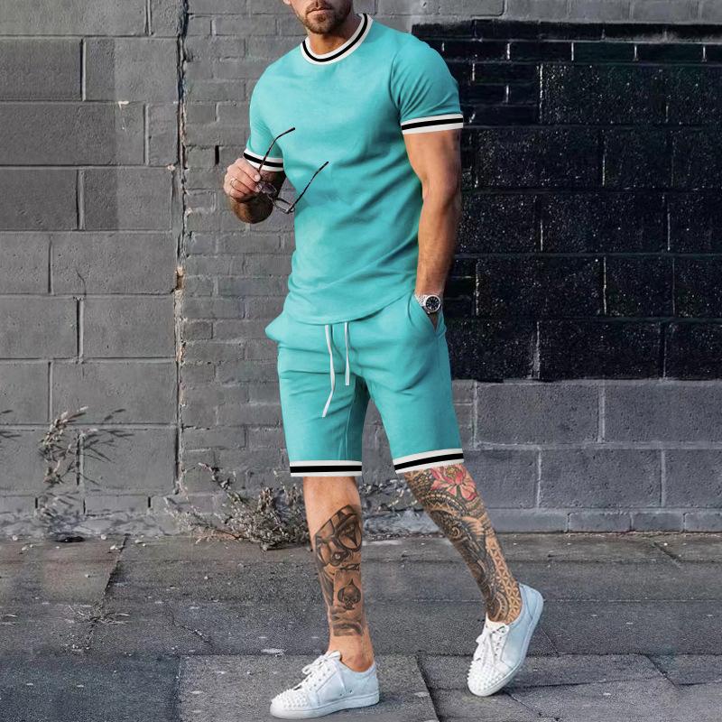 Mens Solid Color Short Sleeve Shorts Set 57608237X
