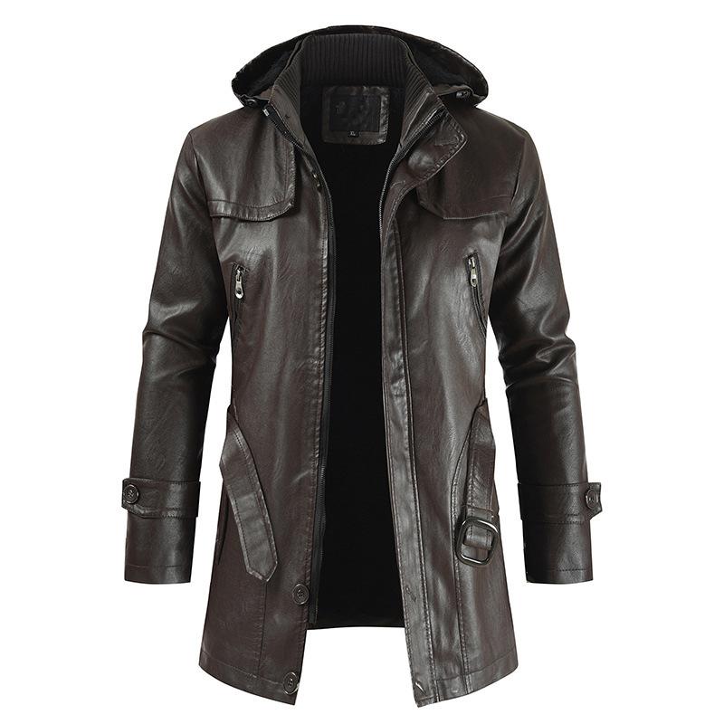 Mens Vintage Hooded Mid Length Leather Coat 39111752M