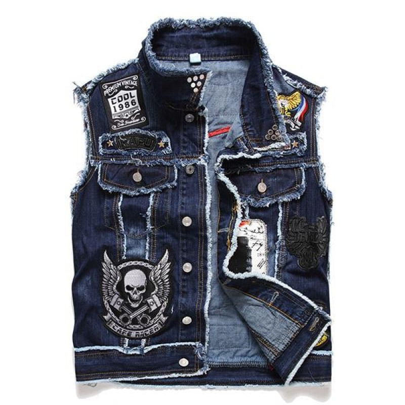 Mens Washed Embroidered Skull Denim Vest 11712032M