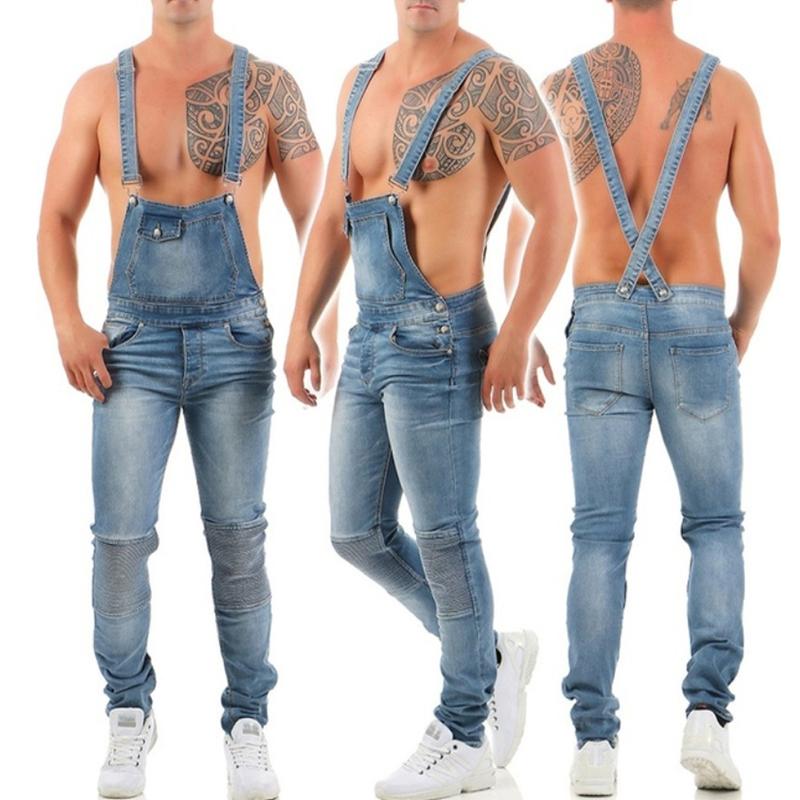 Mens Fashion Solid Color Ripped Denim Overalls 39074979Y