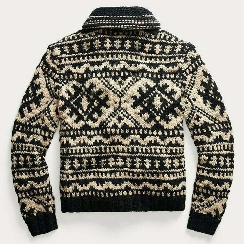 Mens Lapel Vintage Jacquard Knit Jacket 07846601M