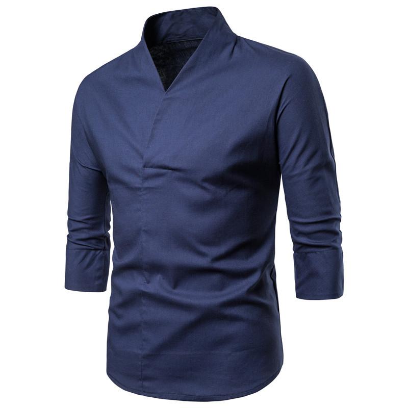 Mens Retro Solid Color Linen T -shirt 38070756X