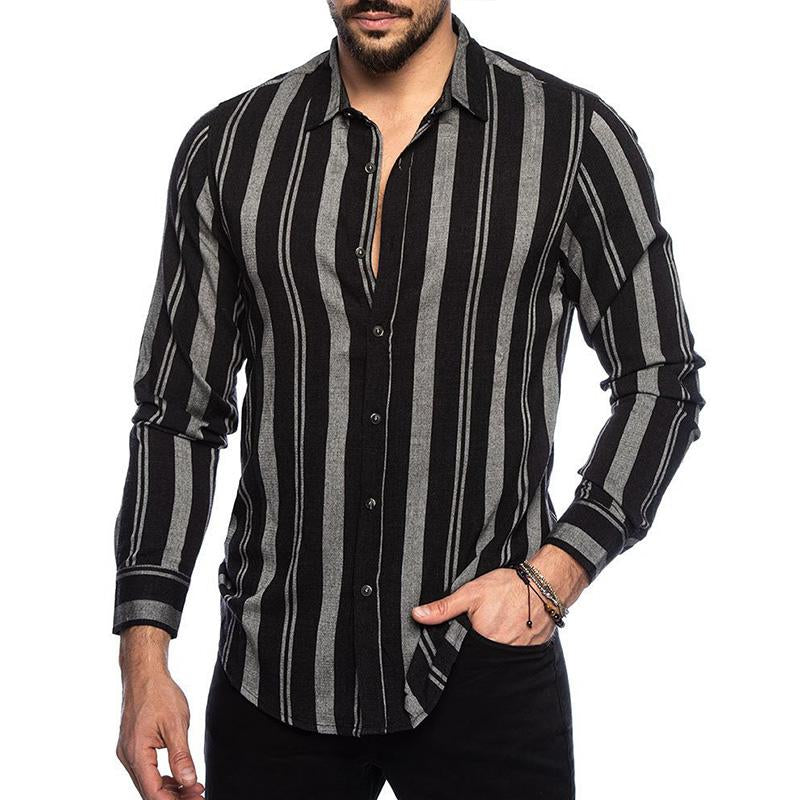 Mens Casual Lapel Stripe Slim Long Sleeve Shirt 84139040M