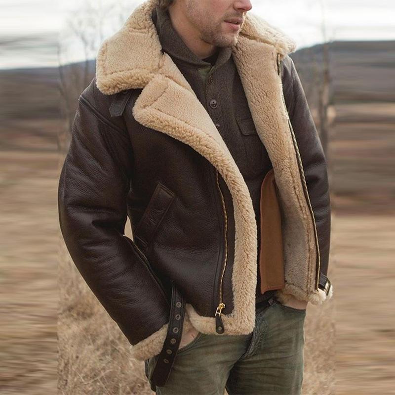Mens Casual Lapel Warm Long Sleeve Faux Leather Coat 47070346M