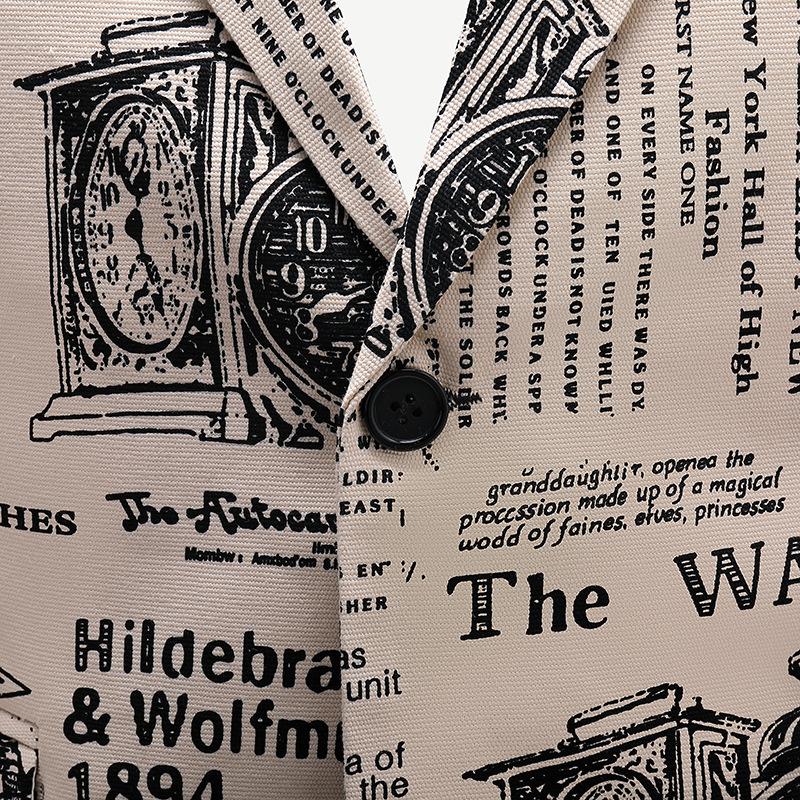 Mens Personalized Newspaper Print Lapel One Button Blazer 51736436M