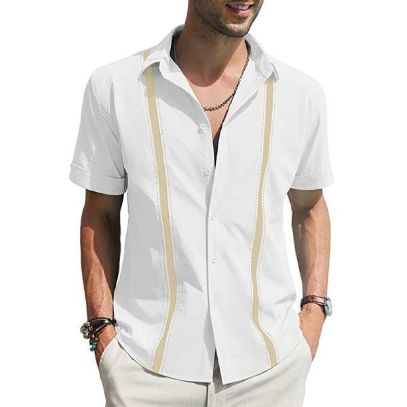Mens Lapel Colorblock Linen Shirt 58965828X