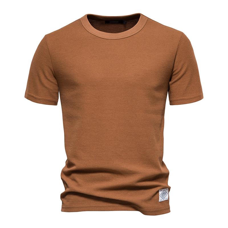 Mens Casual Round Neck Solid Color Waffle Short Sleeve T-Shirt 74268141M