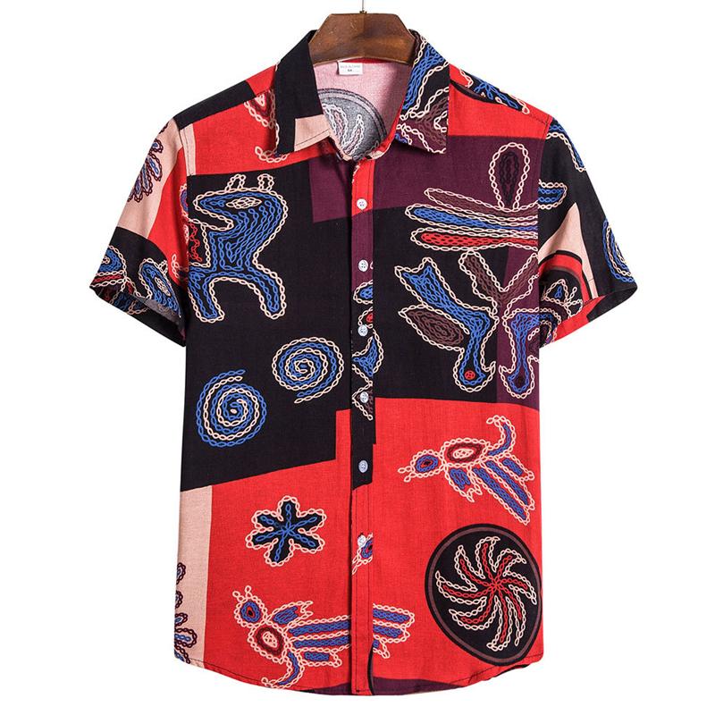 Mens Casual National Print Short -Sleeved Shirt 49020621Y