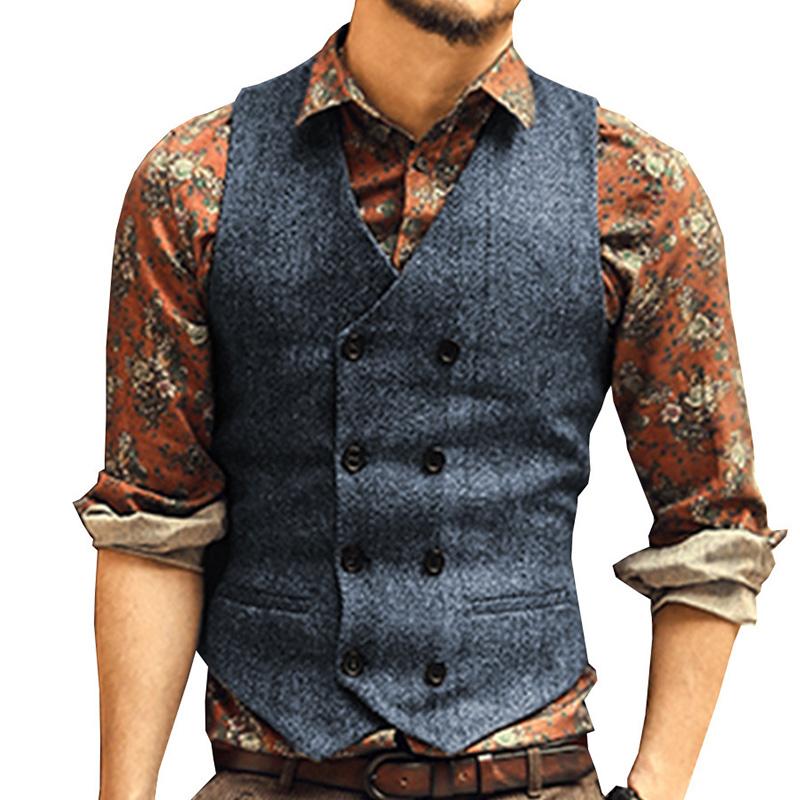 Mens Vintage Herringbone V-Neck Double Breasted Vest 84812263M