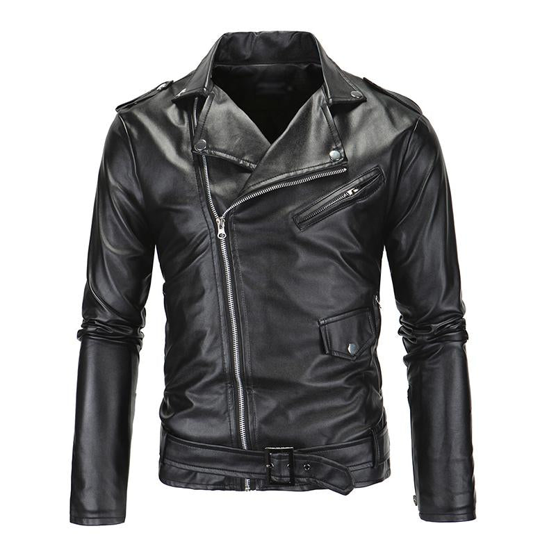 Mens Vintage Biker Slim Lapel Diagonal Zipper Leather Jacket 96439588M