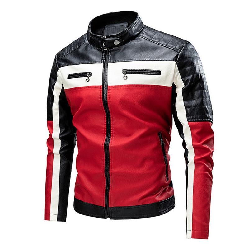 Mens Vintage Stand Collar Colorblock Stitching Zip-Up Leather Biker Jacket 01382637M