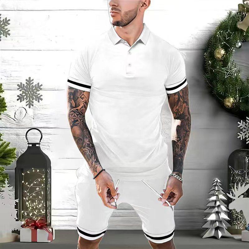 Mens Colorblock Striped Cuff Short Sleeve Polo Shirt Shorts Set 02905193Z