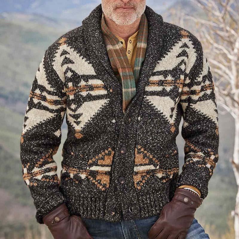 Mens Lapel Vintage Jacquard Knit Cardigan Jacket 12895005M