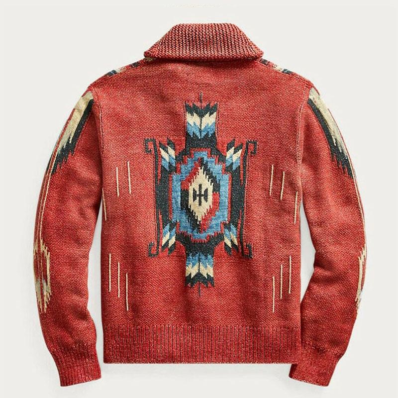 Mens Vintage Jacquard Lapel Long Sleeve Knit Cardigan 51482095M