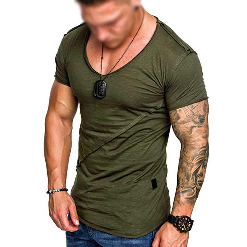 Mens Casual Stitching Solid Color V-Neck Short-Sleeved T-Shirt 36873241Y