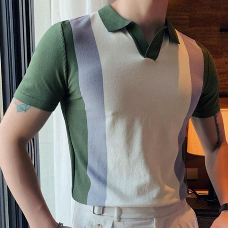 Mens Lapel Collar Contrast Color Knit Polo Shirt 12748774M