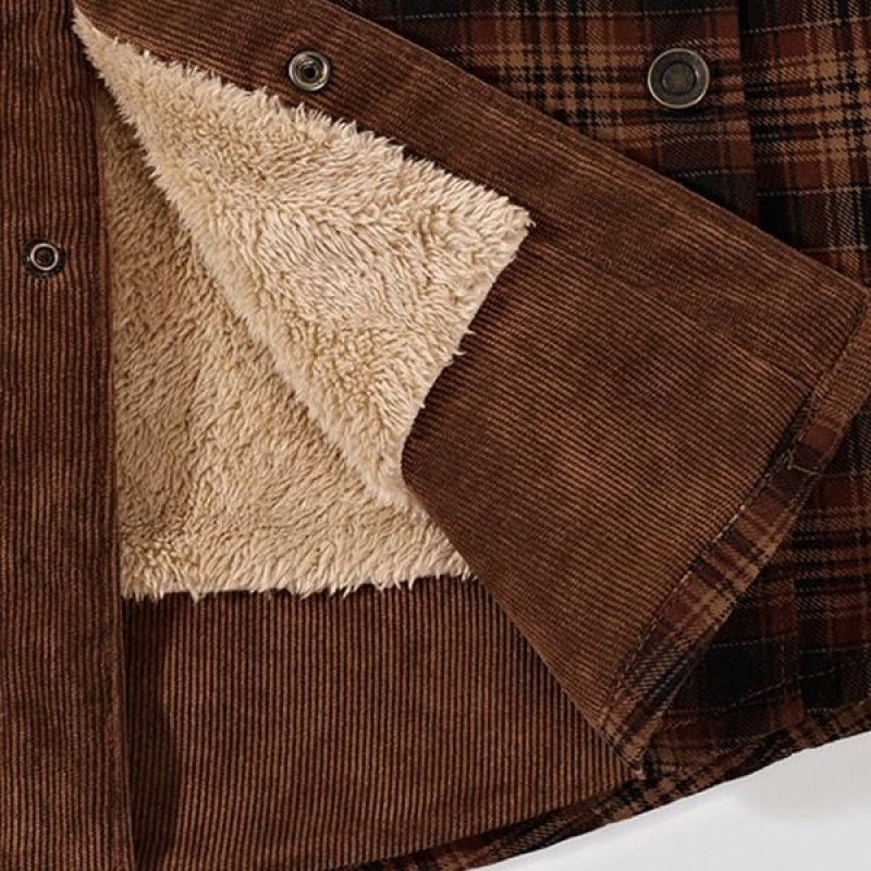 Mens Washed Cotton Plaid Lapel Fleece Thermal Jacket 14246512M