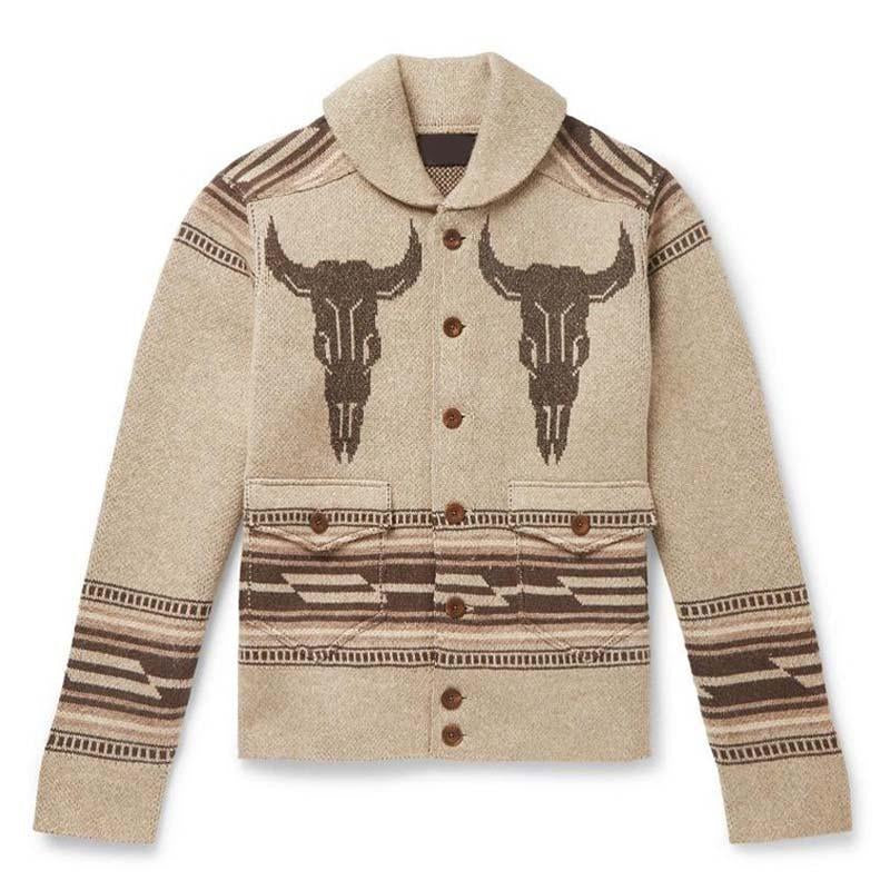 Mens Lapel Vintage Jacquard Knit Cardigan Jacket 26382727M
