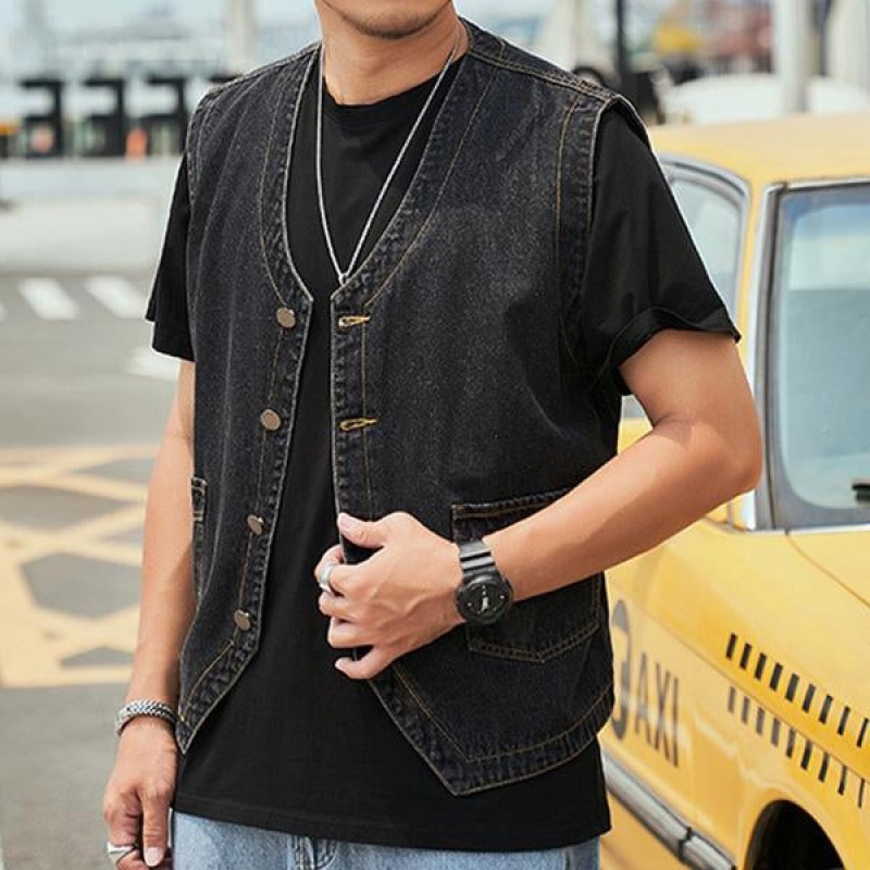 Mens Casual Loose Single Breasted Denim Vest 69915126M