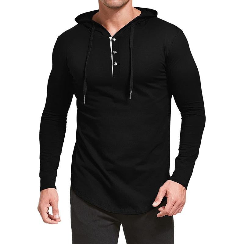 Mens Casual Round Neck Button Loose Long Sleeve Hooded T-Shirt 14365821M