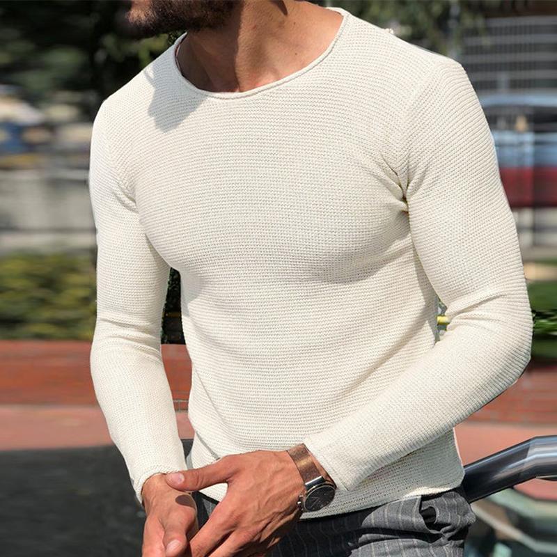 Mens Casual Solid Color Round Neck Long Sleeve Knitted Sweater 07050791Y
