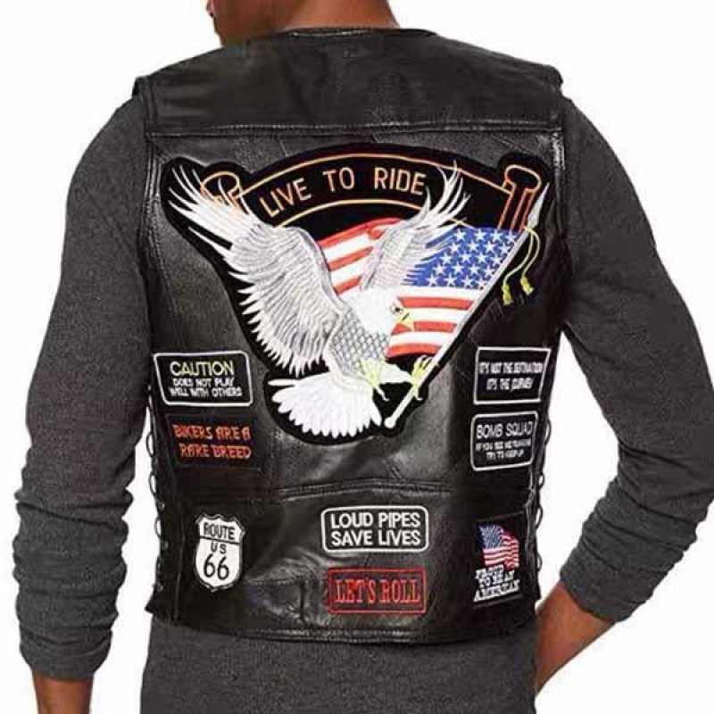 Mens Embroidered Badge Leather Biker Vest 34397283M