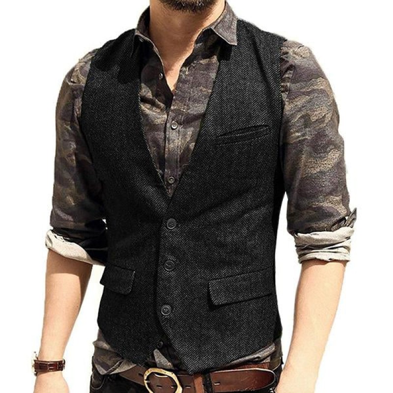 Mens V-neck Tweed Single Breasted Vest 89211169M